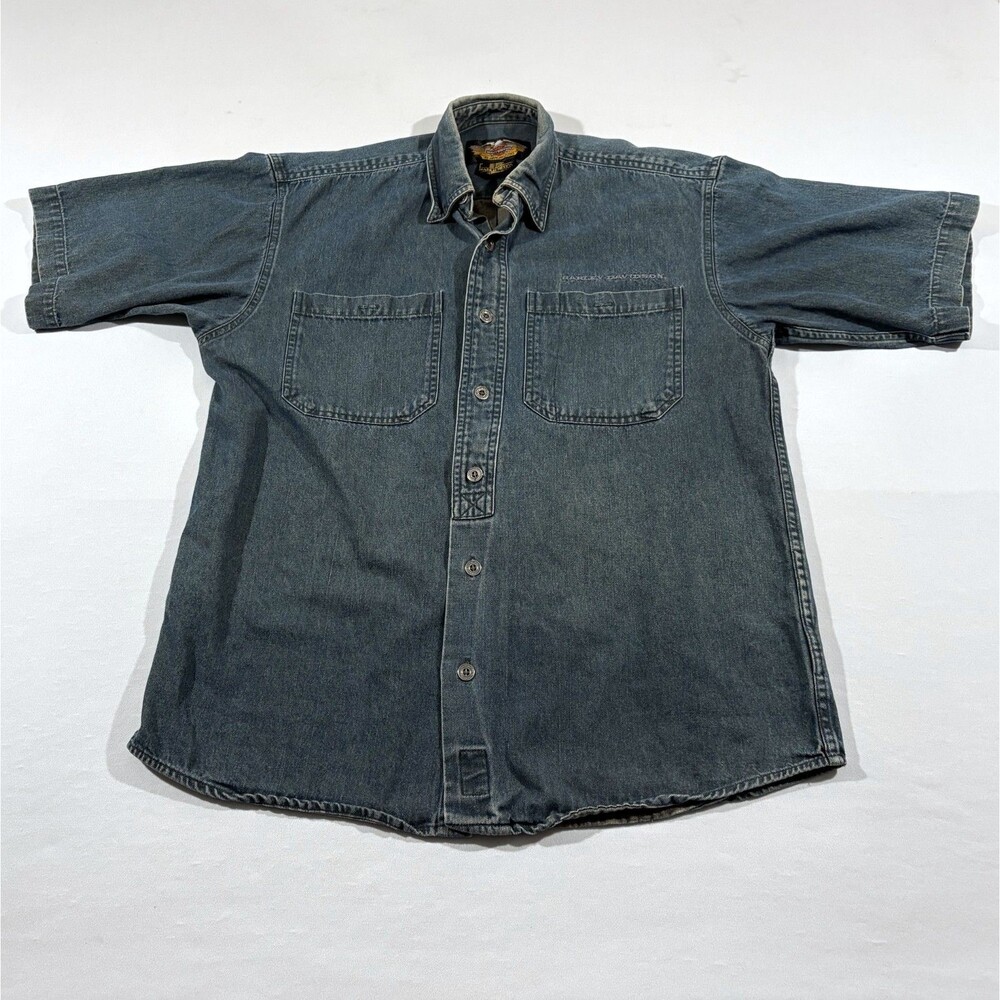Harley Davidson VTG Denim Button Short Sleeve Collar Motorcycle Shirt Relaxed M